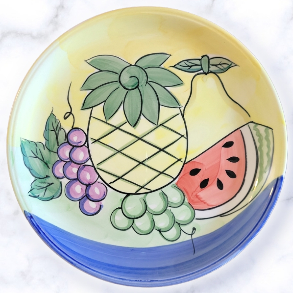 Vtg Dinner Plate Watermelon Grapes Pears Pineapple Fruit Cerami…